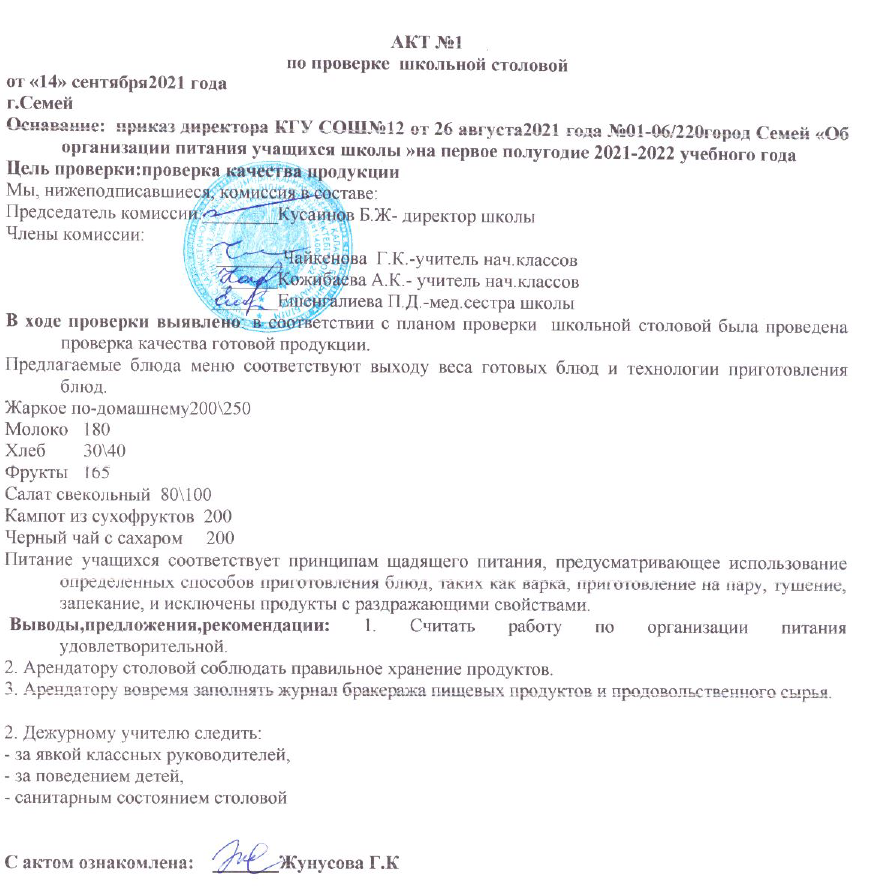 Акт о проверке школьной столовой